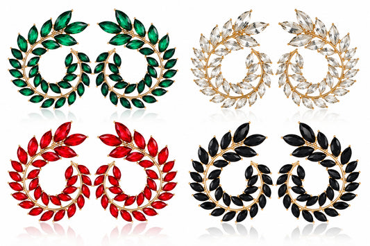 Elegant Leaf Crystal Spiral Hoop Earrings – 4 Colors