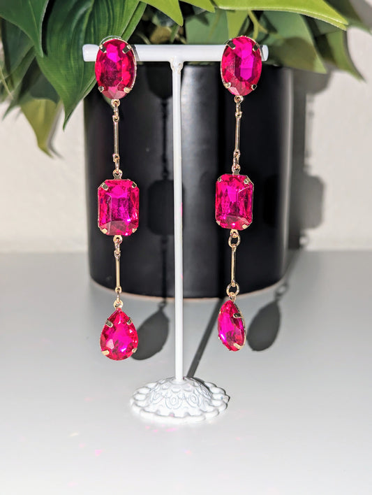 Pink and gold triple dangle drop earrings