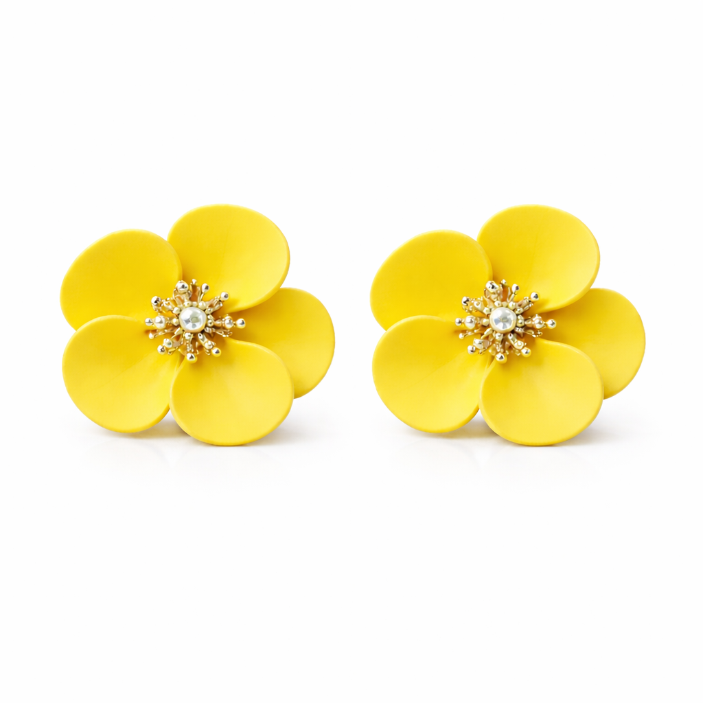 Pair of yellow flower-shaped earrings on a white background