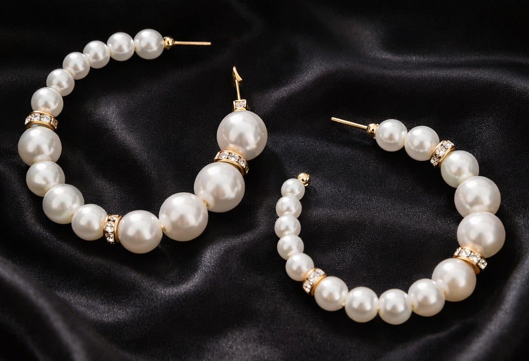 Pearl hoop earrings on a black satin background