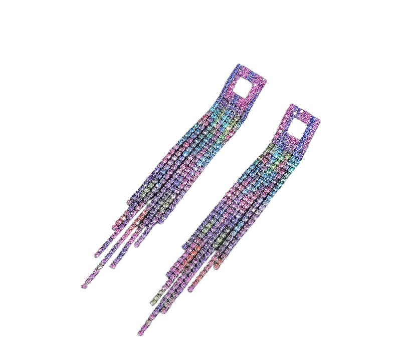 Rainbow rhinestone tassel earrings