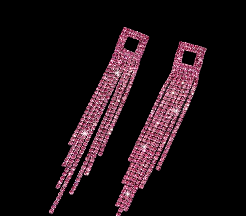 Pink rhinestone tassel earrings