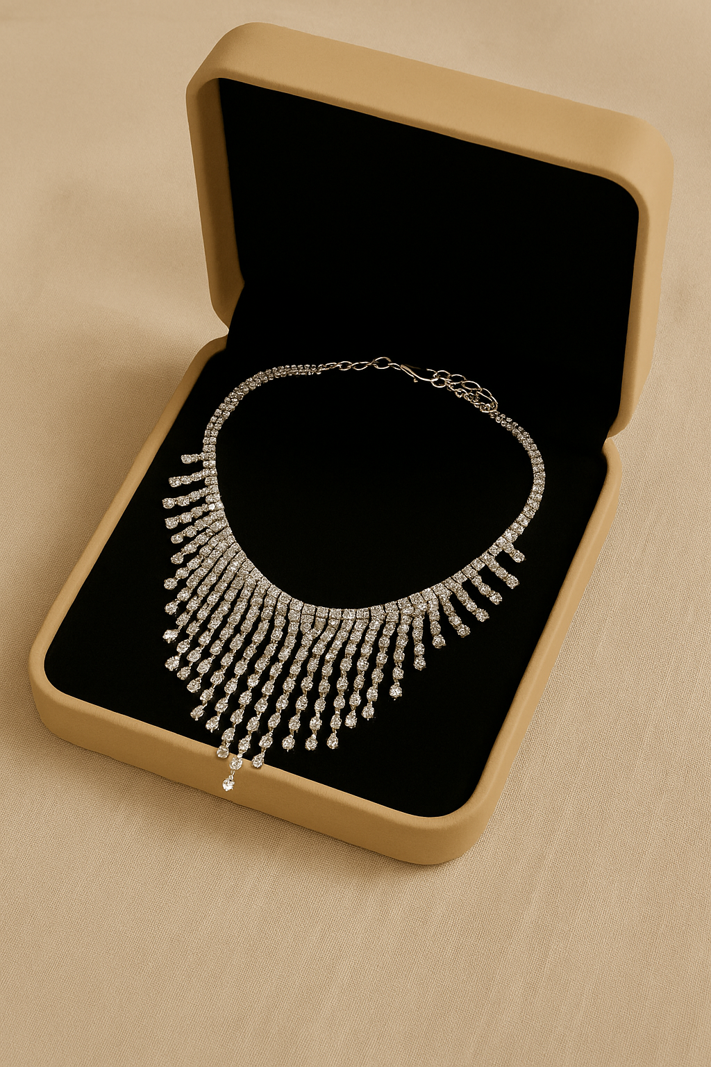 Silver necklace in an open jewelry box on a beige surface