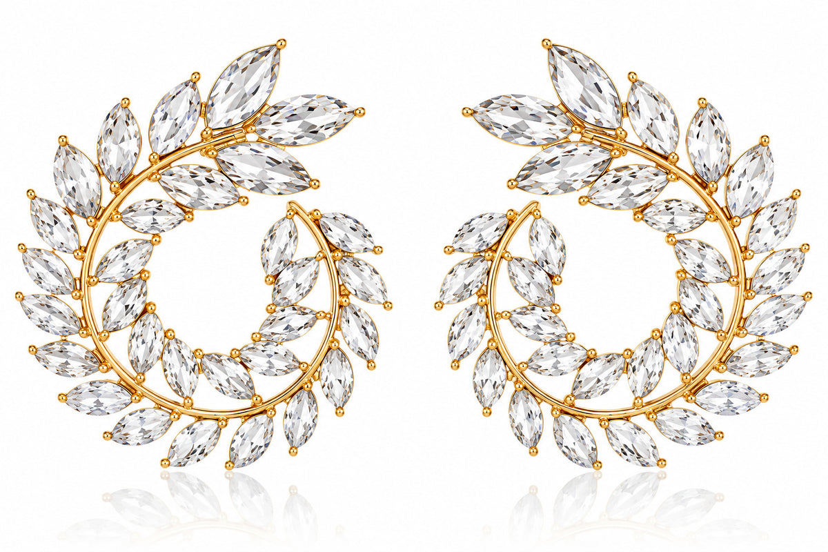 Elegant Leaf Crystal Spiral Hoop Earrings – 4 Colors
