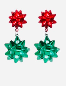 green and red ribbon shaped drop christmas earrings