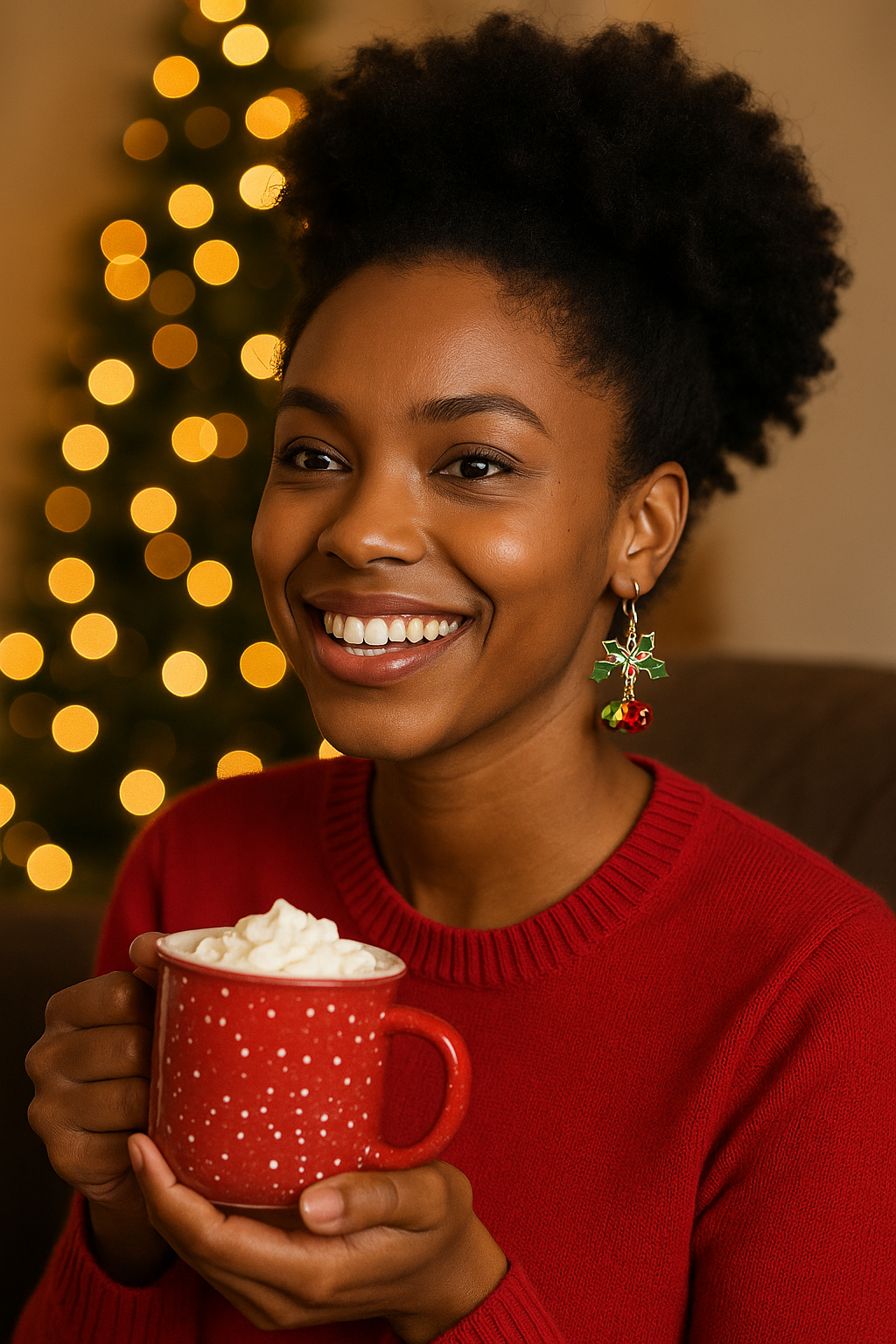 Woman in a red sweater holding a red mug with whipped cream, Christmas tree in the background