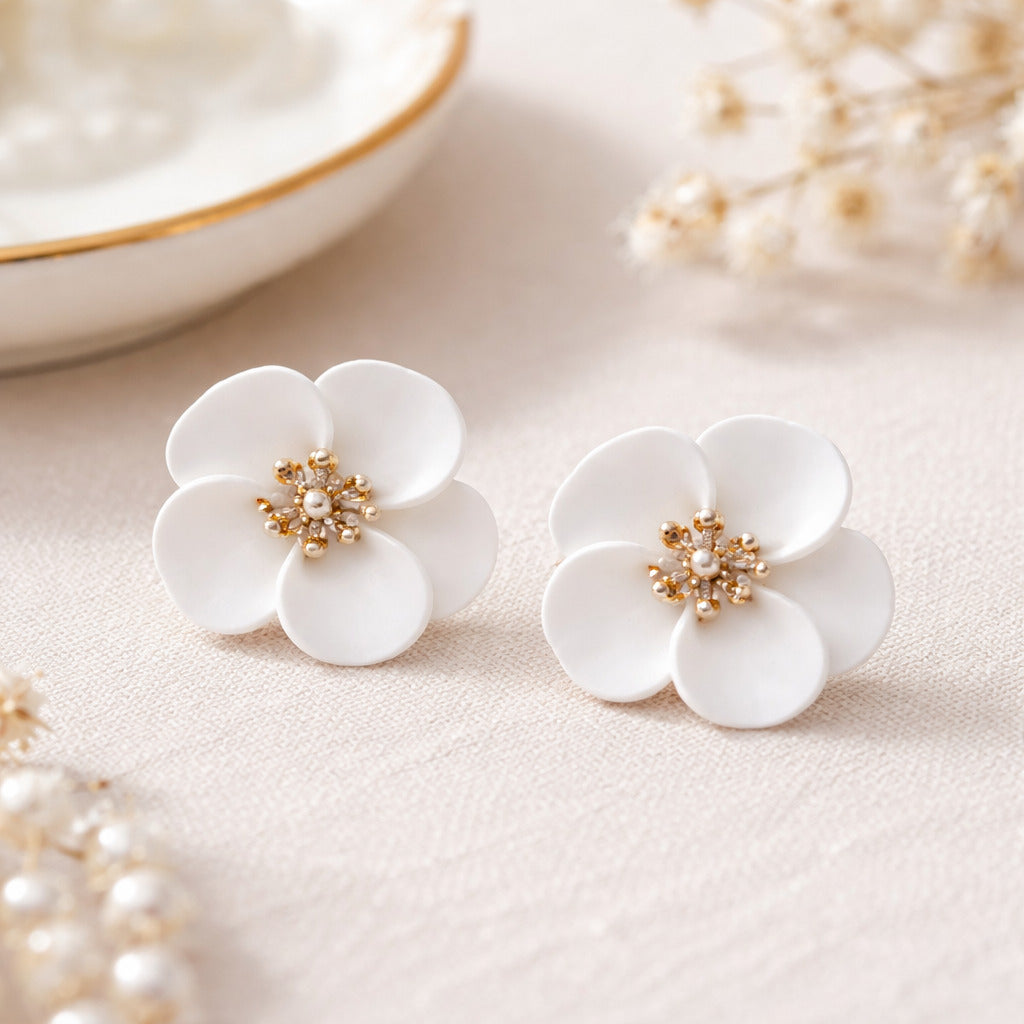 White floral earrings with pearl center on a light background