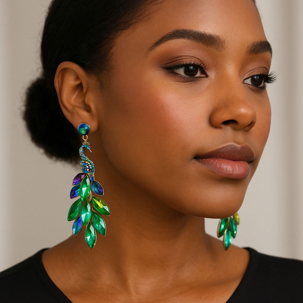 Woman wearing colorful leaf-shaped earrings against a neutral background
