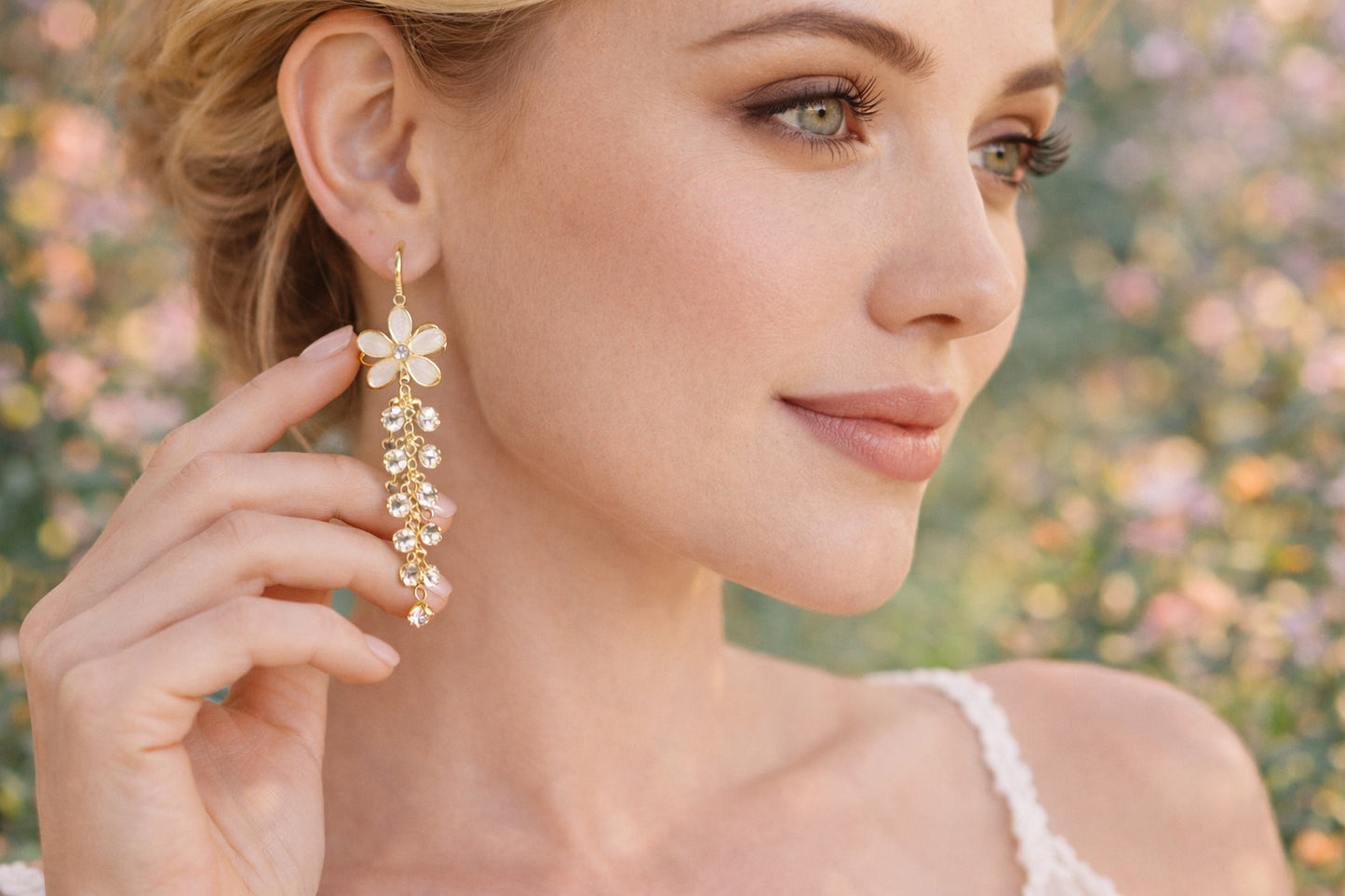 Close-up of a woman wearing floral earrings with a blurred floral background