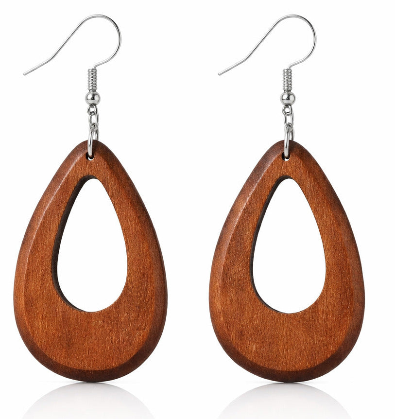 Wooden teardrop earrings on a white background