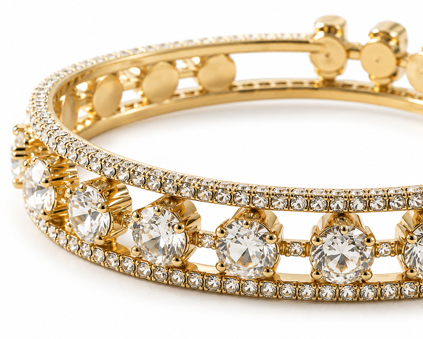 A gold-plated double-row bangle bracelet adorned with round clear crystals and pavé-set diamonds, shown on a clean white background.