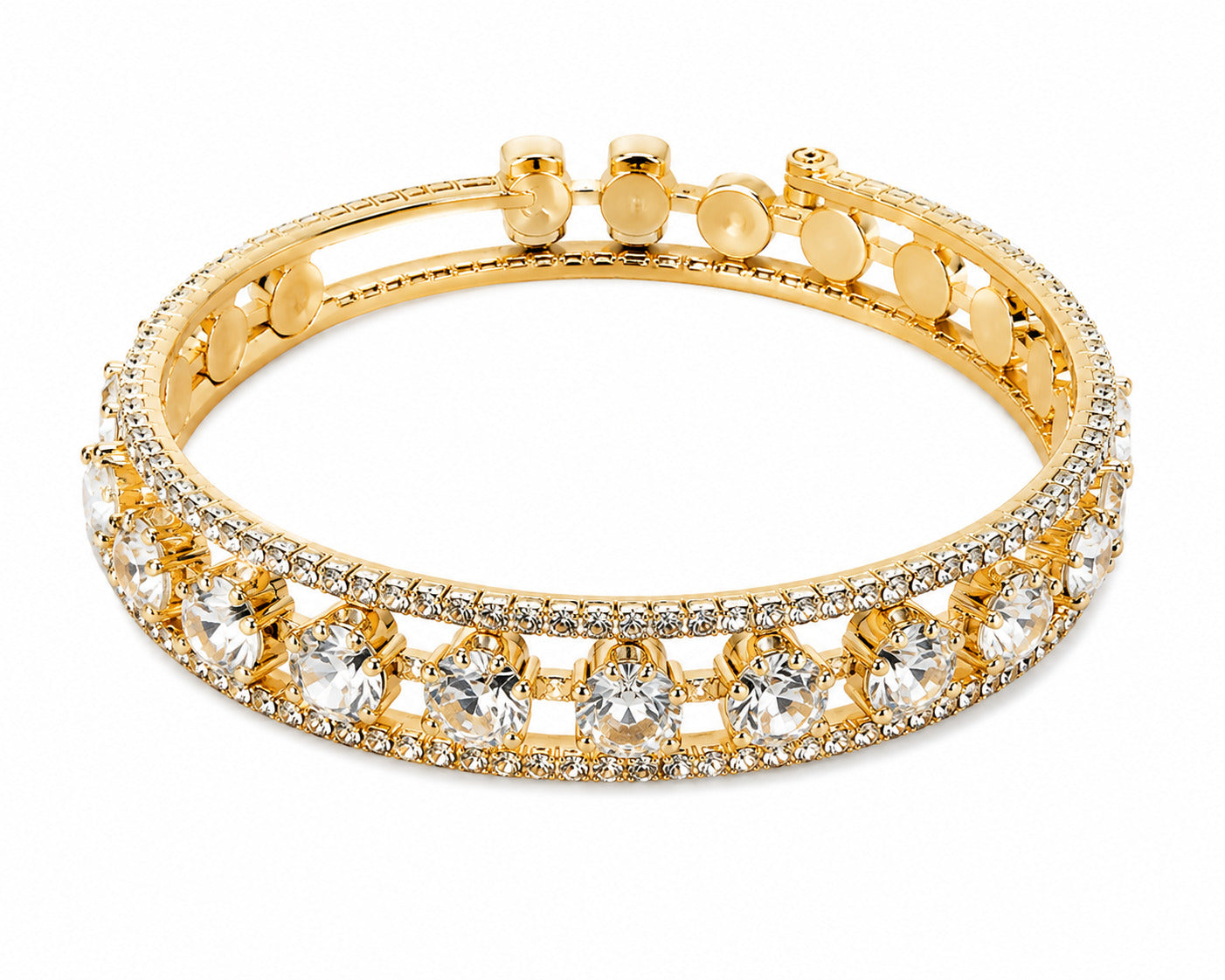 A gold-plated double-band bangle bracelet adorned with clear round and round-cut rhinestones, shown on a plain white background.