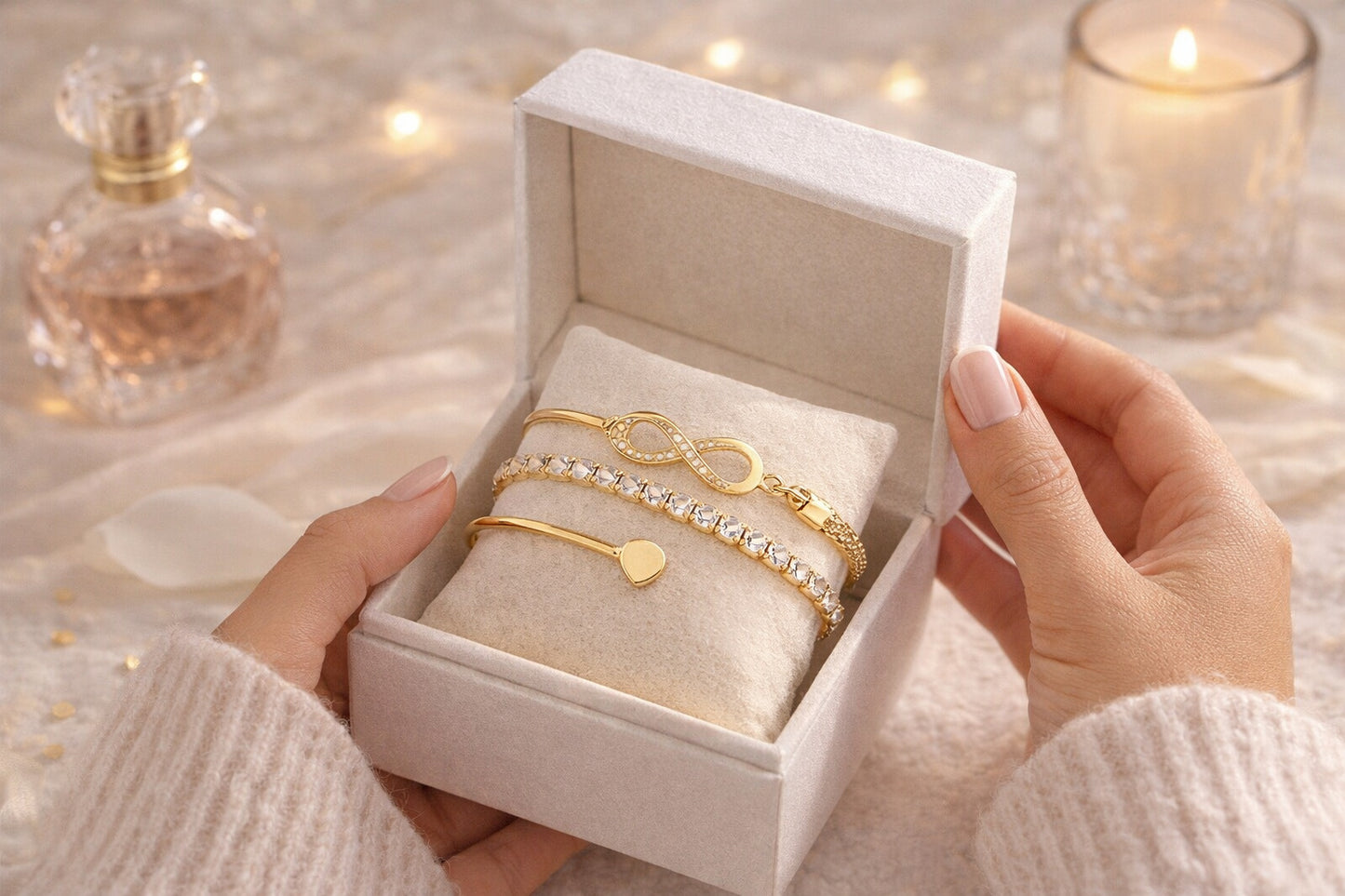 Gold bracelets in a white jewelry box held by hands with a soft background