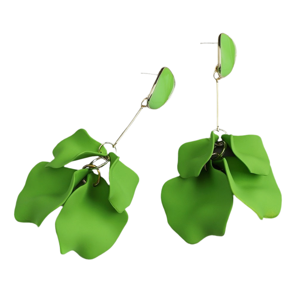 Green leaf-like earrings on a white background