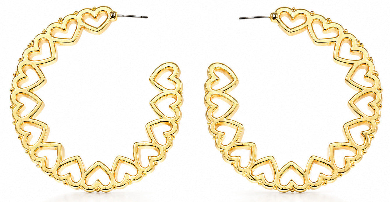 A pair of gold hoop earrings with an openwork design of interlocking hearts, displayed on a clean white background.