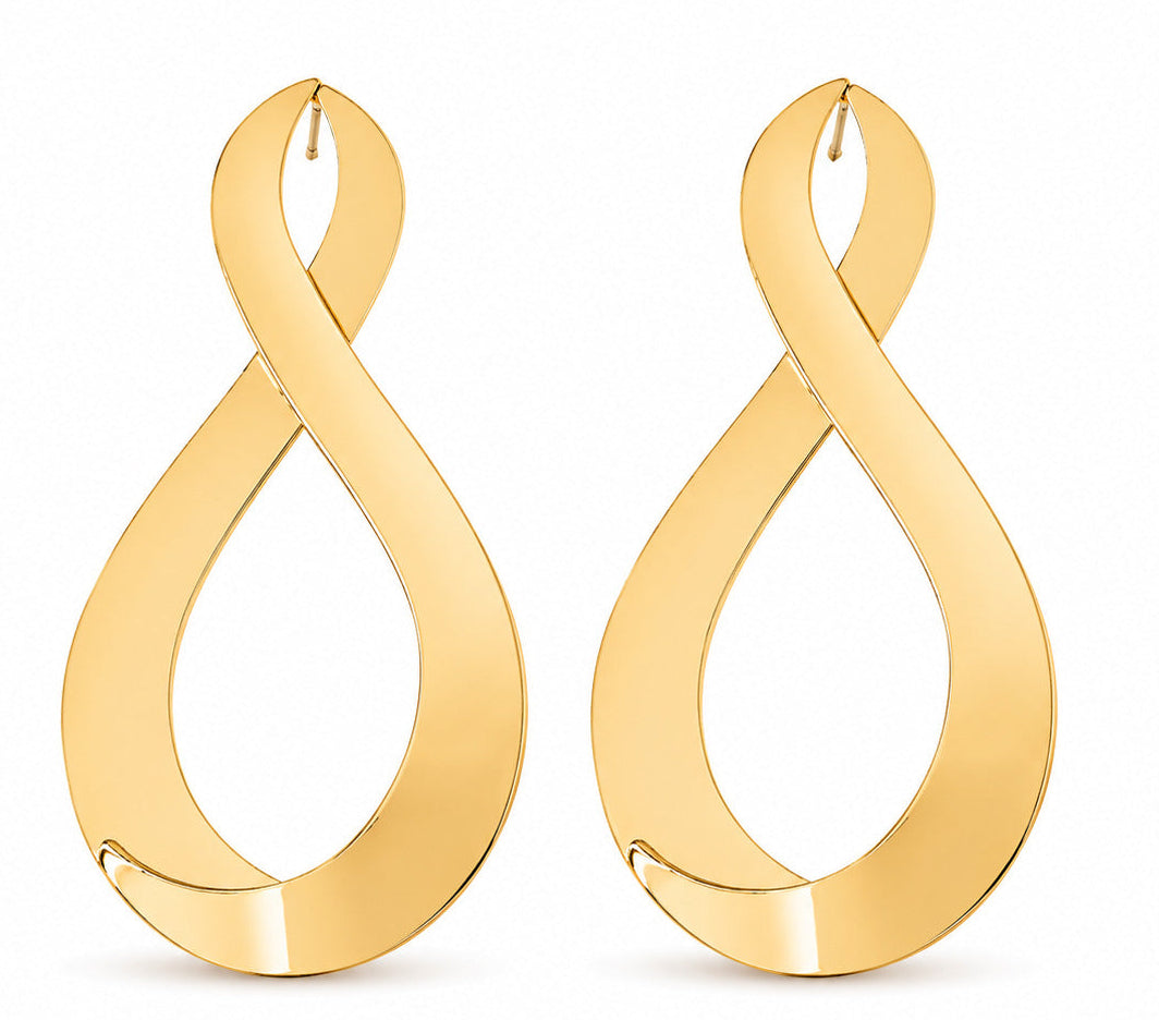 A pair of gold infinity drop earrings with a polished finish, displayed on a clean white background.