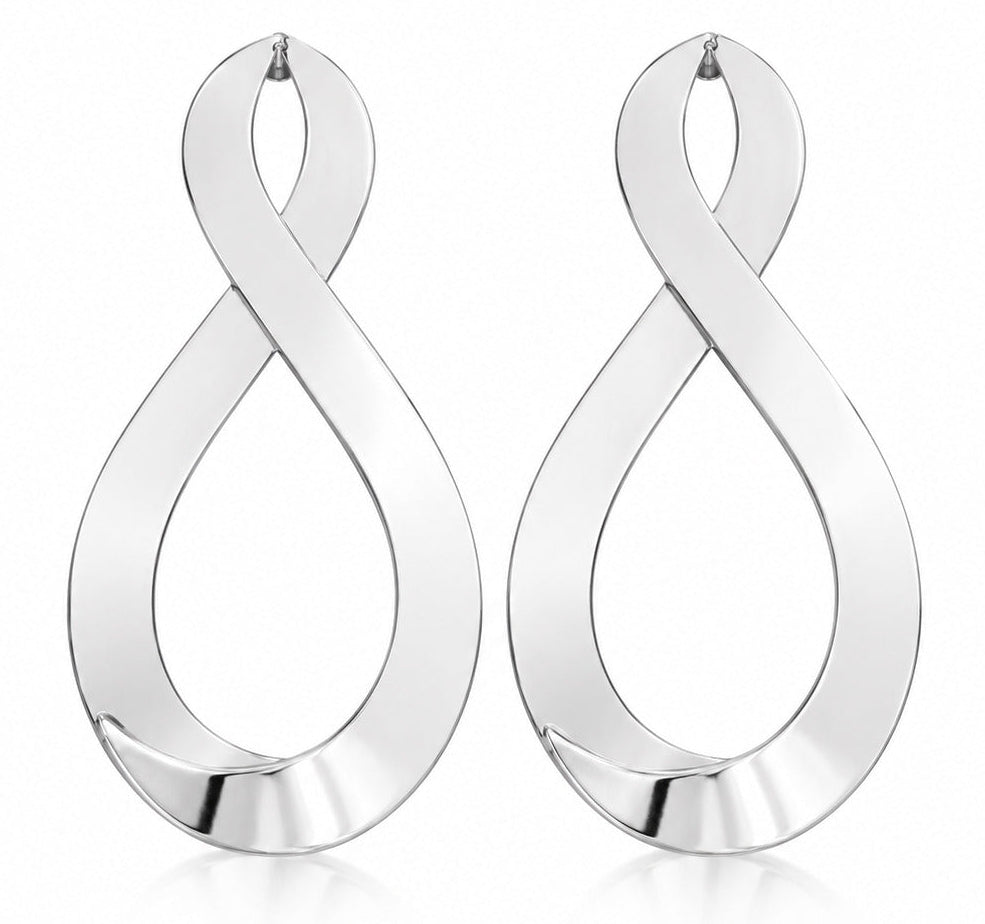 A pair of polished silver infinity drop earrings on a clean white background.