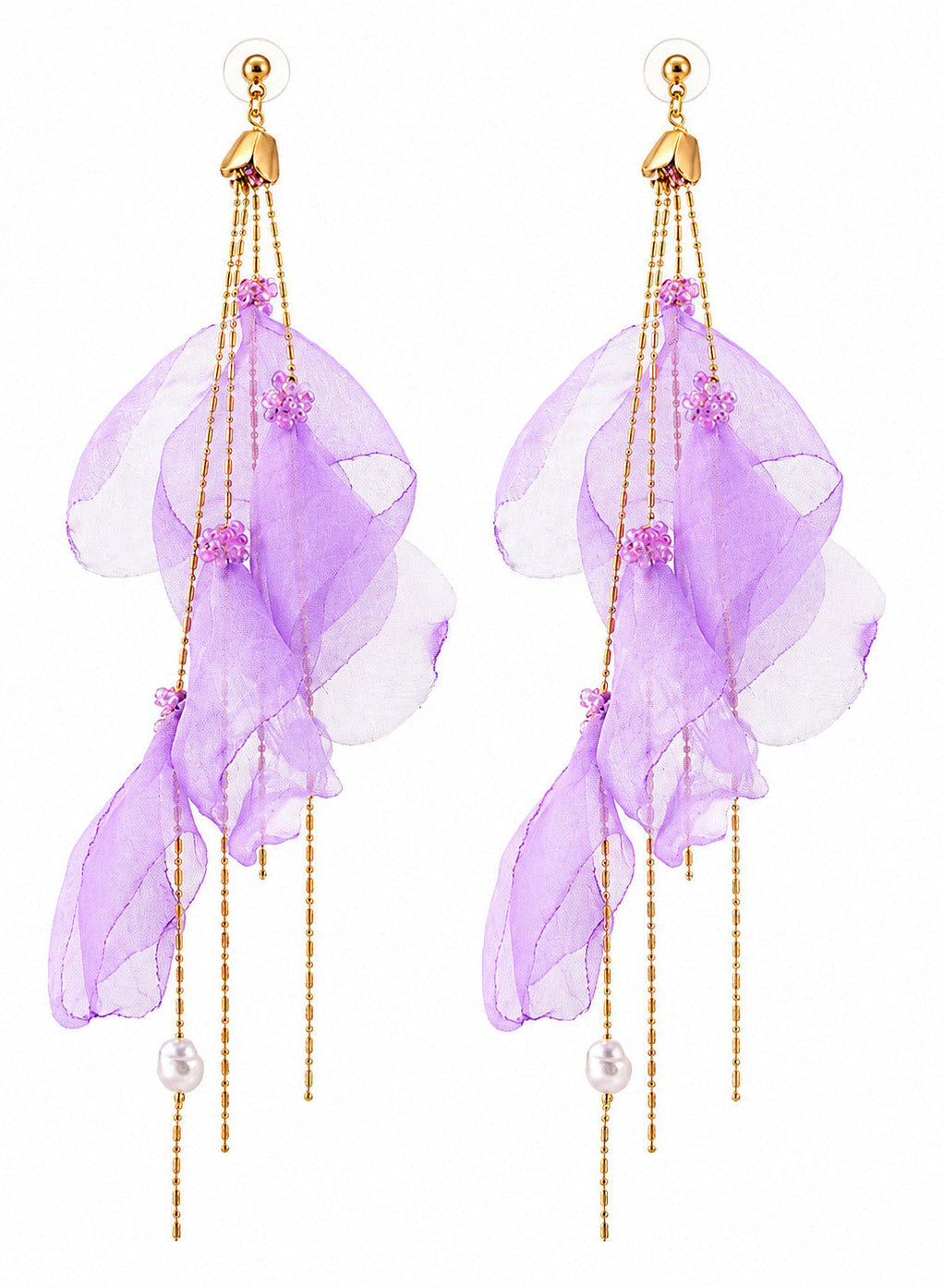 Purple floral earrings with gold accents on a white background