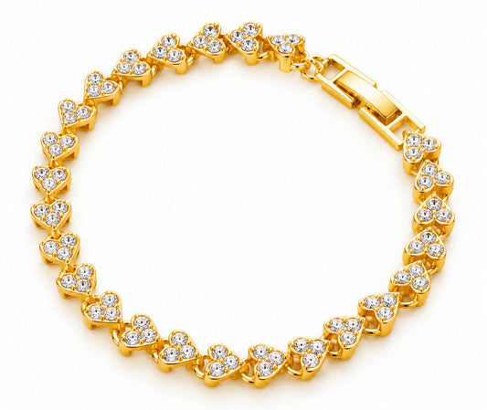A gold heart-link bracelet adorned with clear cubic zirconia stones, displayed on a clean white background.