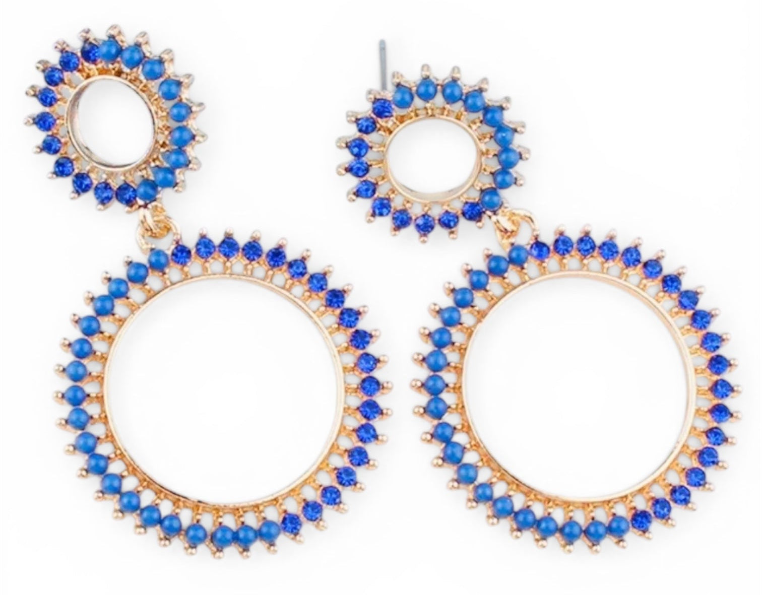 Gold hoop earrings with blue beads on a white background