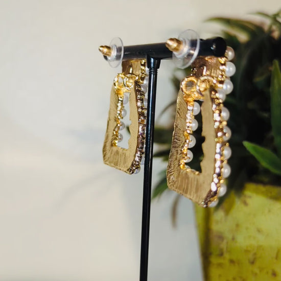 square shaped drop stud earrings made with rhinestones gold and pearls