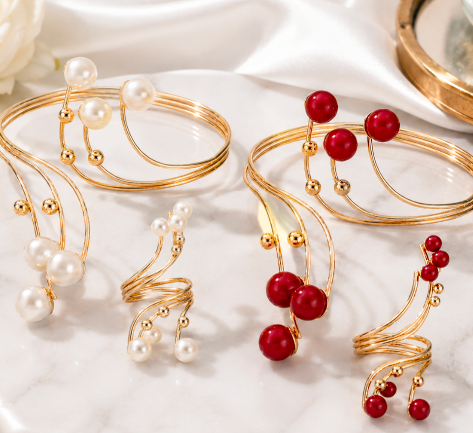 Women’s Gold Tone Beaded Statement Jewelry Set, Bracelet and Ring