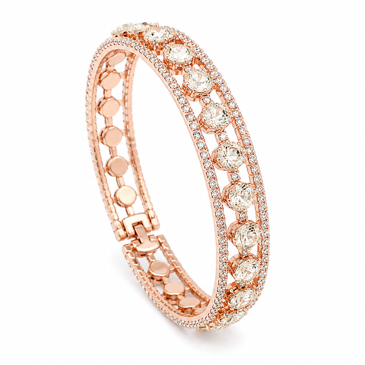 A rose gold bangle bracelet featuring pavé-set clear stones and a clasp with round inset details, shown on a clean white background.