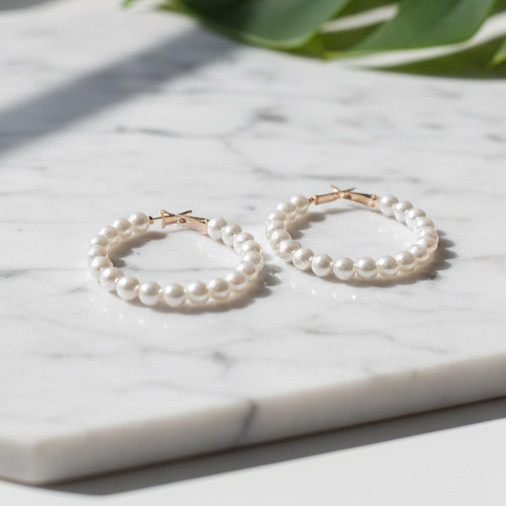 Collage of pearl hoop earrings on a marble surface, on a stand, and in a jewelry box.